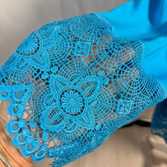 Gypsy Boho Tunic Top | Lace Crochet Detail | Blue Medium - Picture 6 of 9